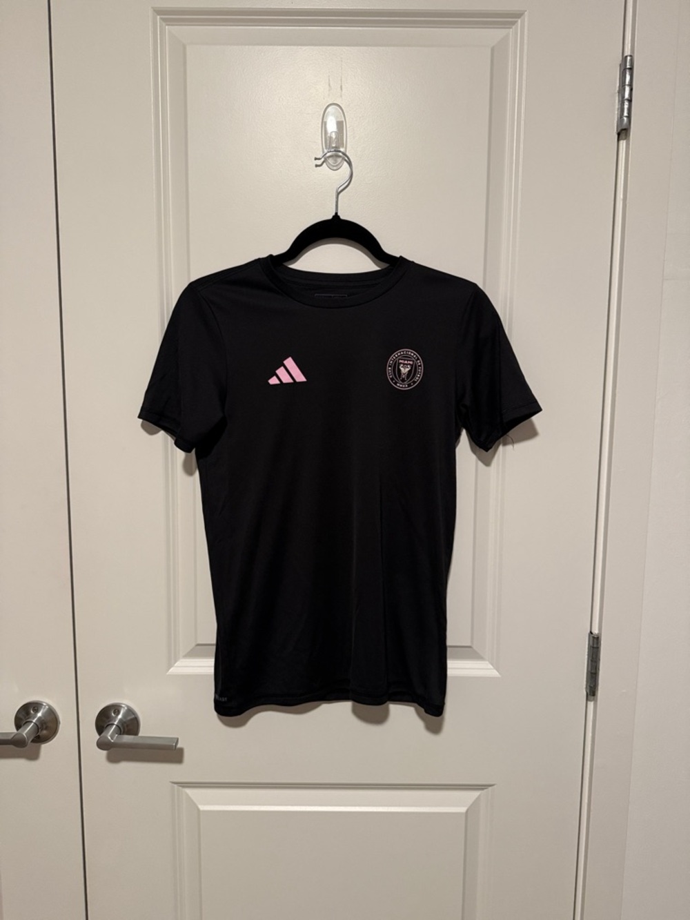 adidas Black Short Sleeve Messi Tee with Pink Logos
